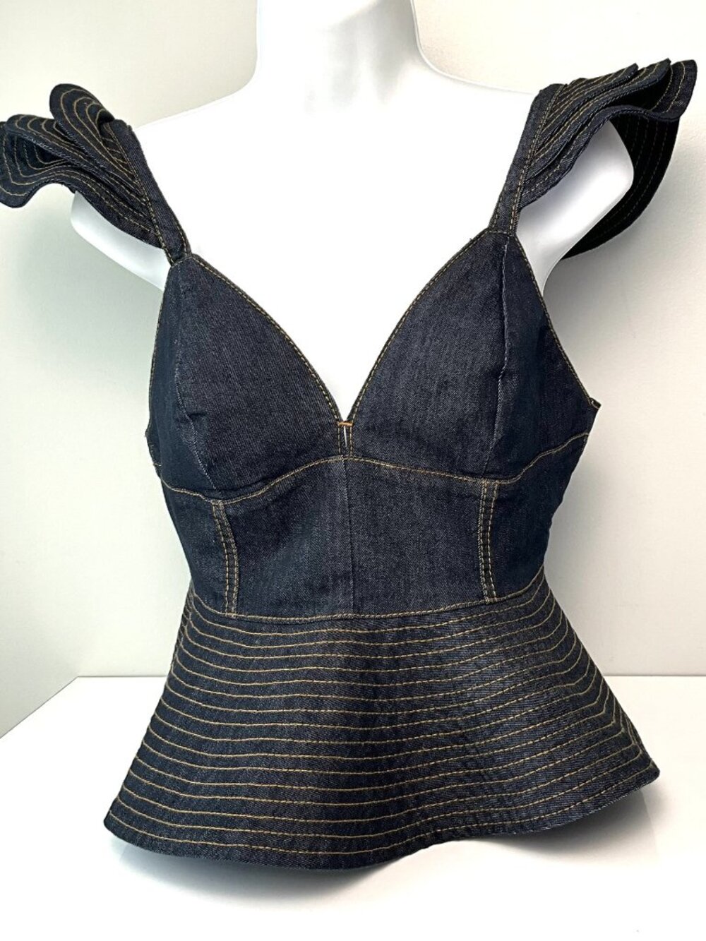 WEILI ZHENG Denim Peplum Corset Ruffle Straps Size XL Italy